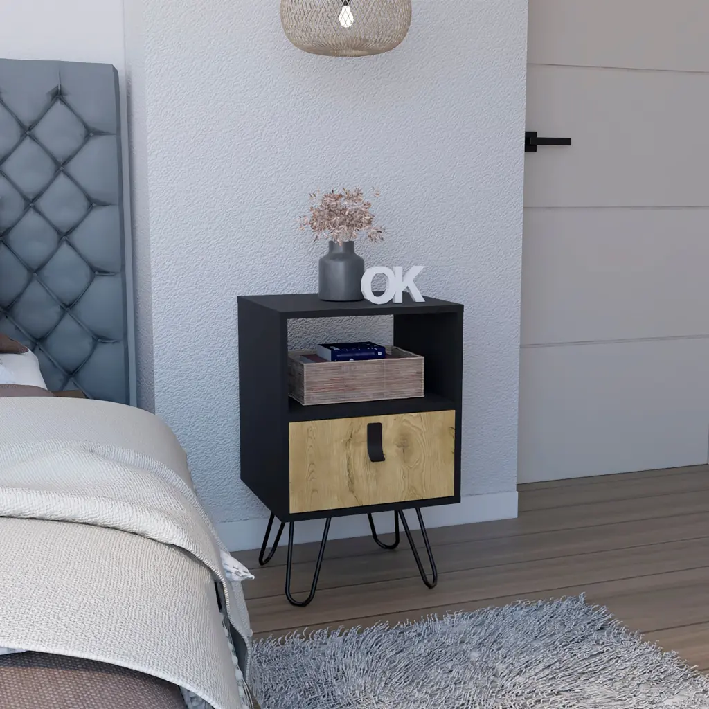 Nightstand 24 Inch H Sleek Design Hairpin Legs and One Drawer Black Modern Bedside Table rta mubles colombia