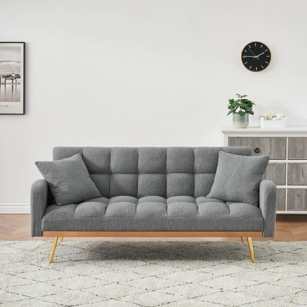 69 Inch Grey Convertible Sofa Bed Customizable Teddy Fleece and Pillows fan chen furniture