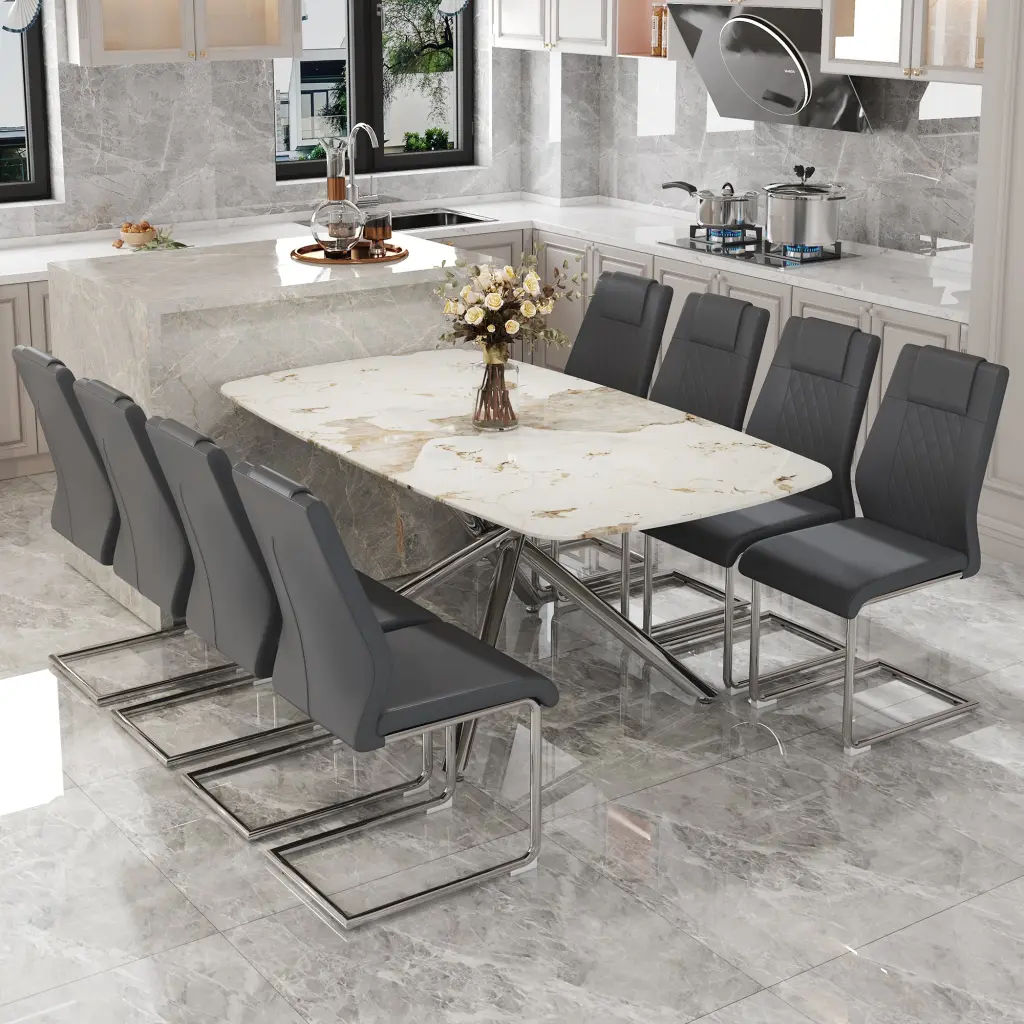 Modern Luxurious White Stone Patterned Tempered Glass Table and Chair Set droom w-1151