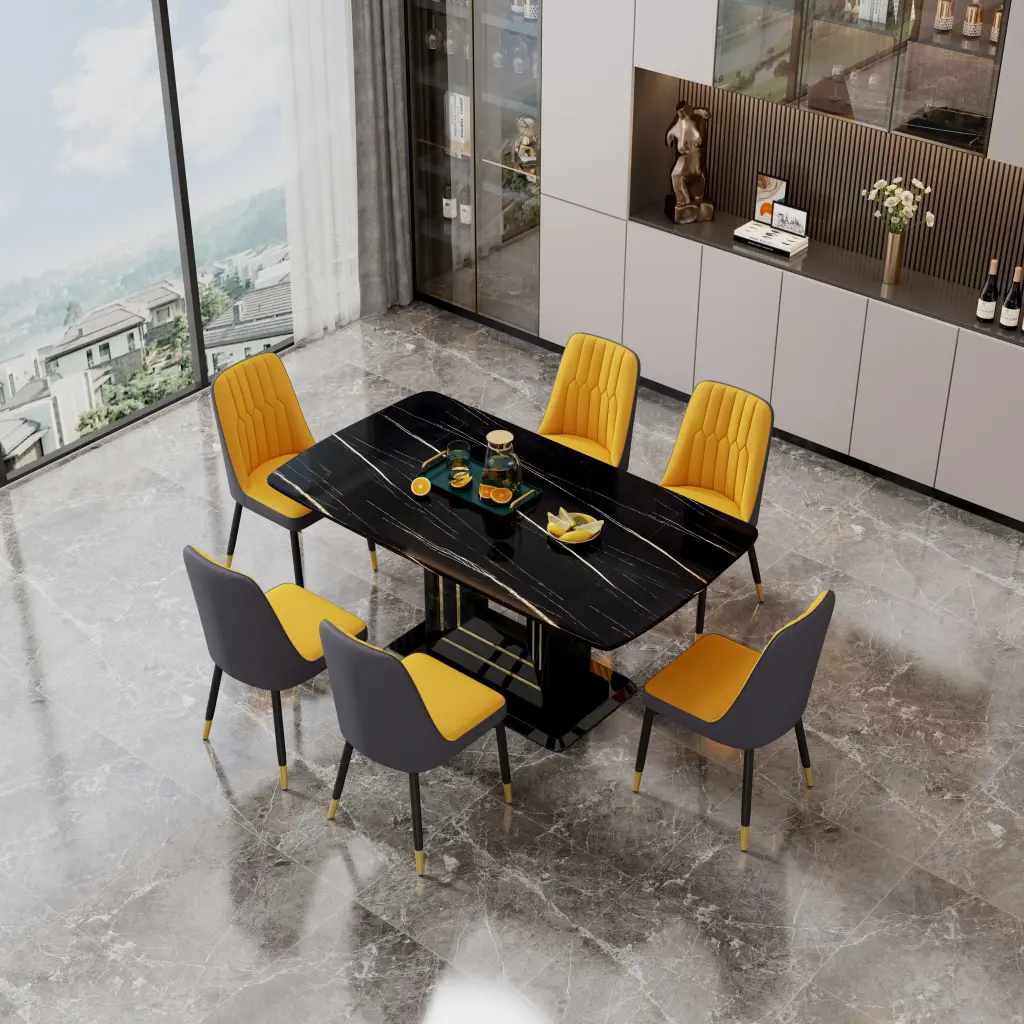 Table And Chair Set 1 Table 6 PU Chairs Black Imitation Marble Dining Set droom w-1151