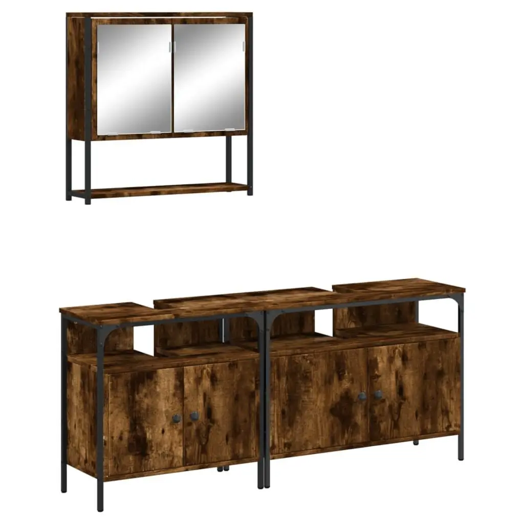 3 Piece Bathroom Furniture Set Smoked Oak Engineered Wood Vanity Set