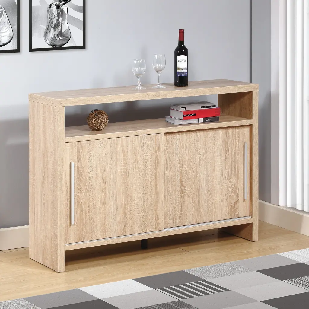 Sideboard Buffet Entry Cabinet Sliding Doors Metallic Bar Handles Four Shelves id international- inc.