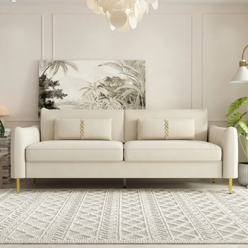Fx P19 Beige Modern Velvet Sofa Gold Legs 85.83 Inch Couch factoryx