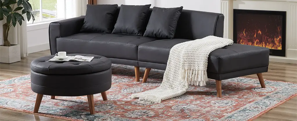 107 Inch Contemporary Sofa Round Storage Ottoman Living Room rnb