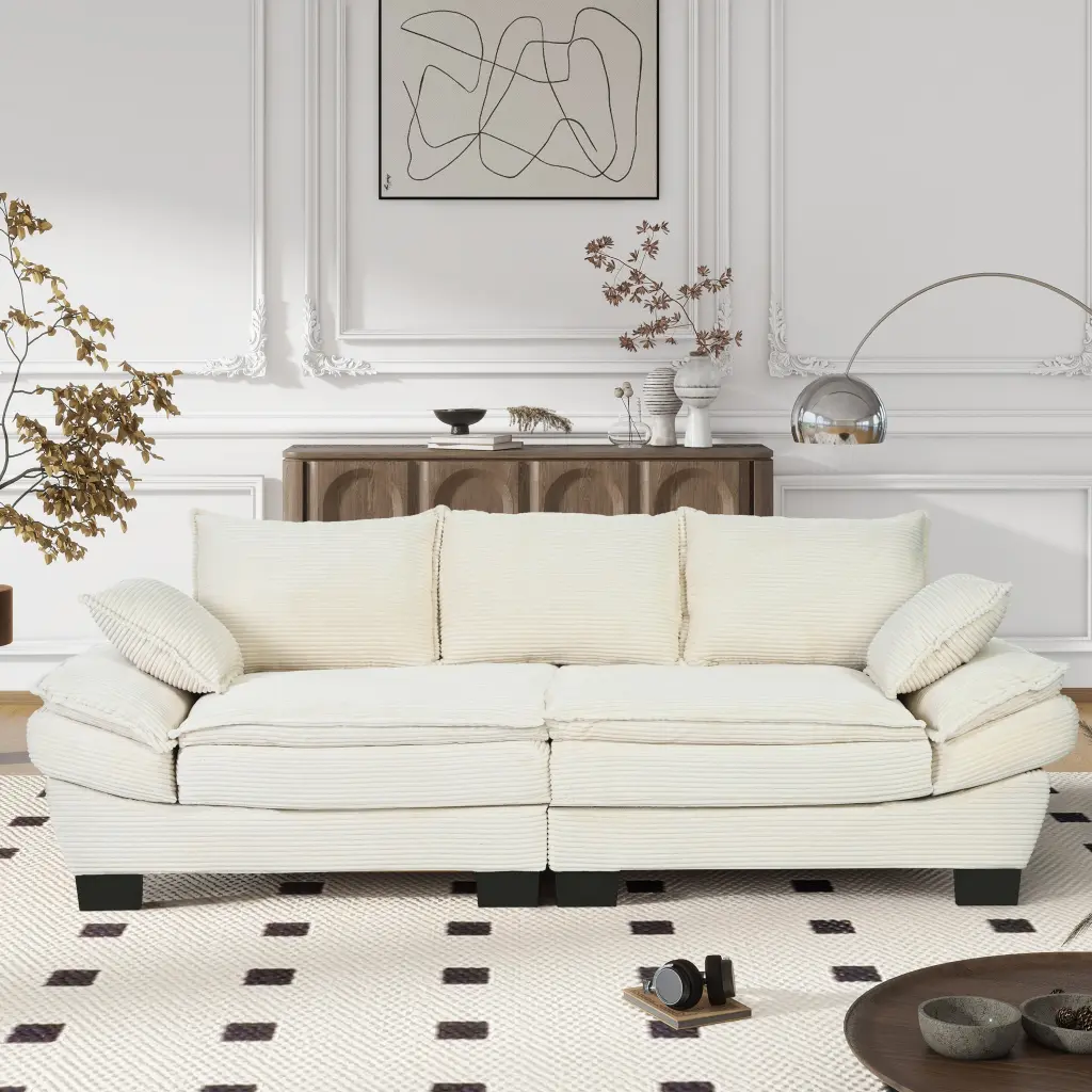 85.4 Inch Modern Curved Sofa Upholstered Back and 2 Decorative Throw Pillows u_style
