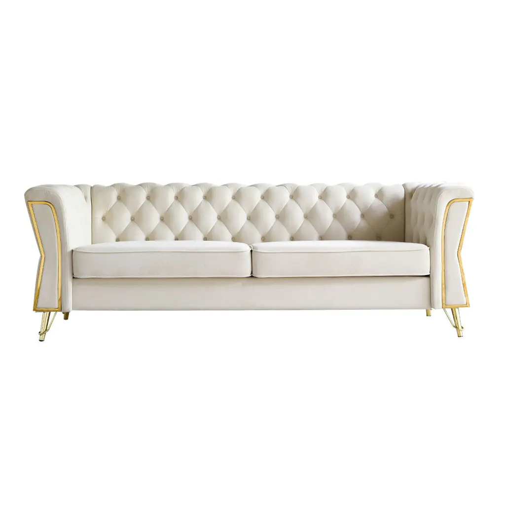 Modern Tufted Velvet Sofa 87.4 Inch Living Room Beige wq furniture