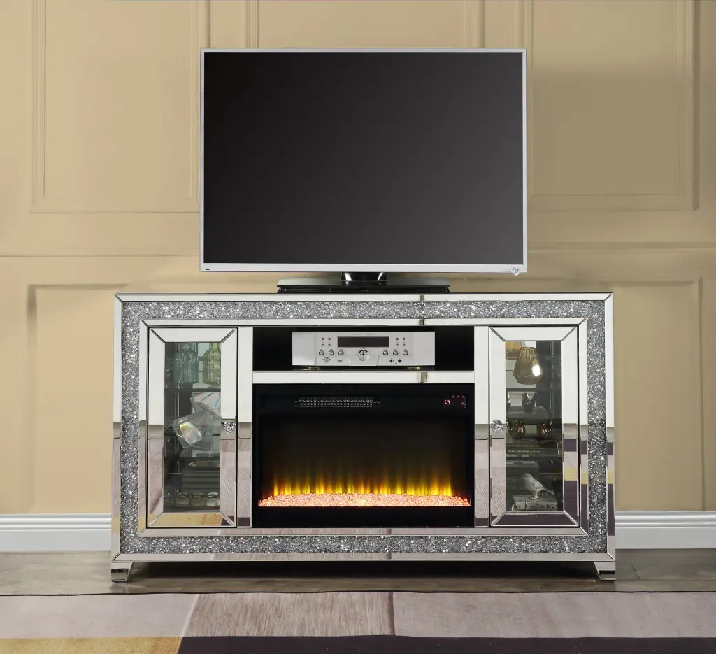 Noralie TV Stand Fireplace LED Mirrored And Faux Diamonds LV00316 Silver acme onsite store