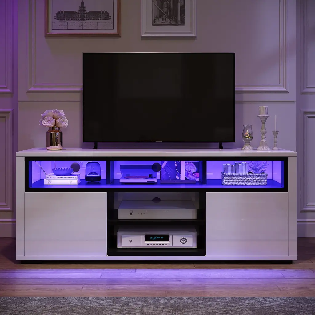 DWVO Modern TV Stand Open Shelf Storage Cabinet High Gloss LED Ambient Lights 62 Inch TV White