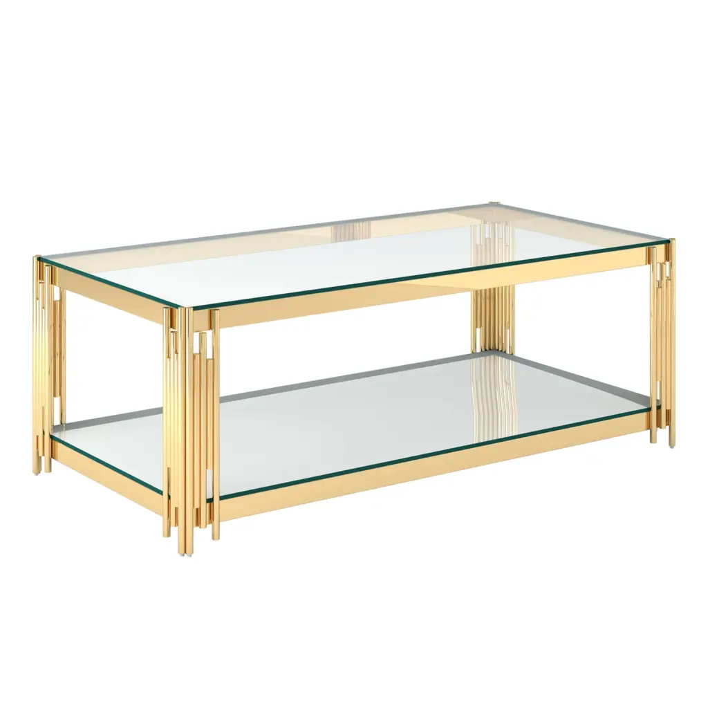Estrel Glass Top Contemporary Metal Coffee Table Lower Shelf Gold