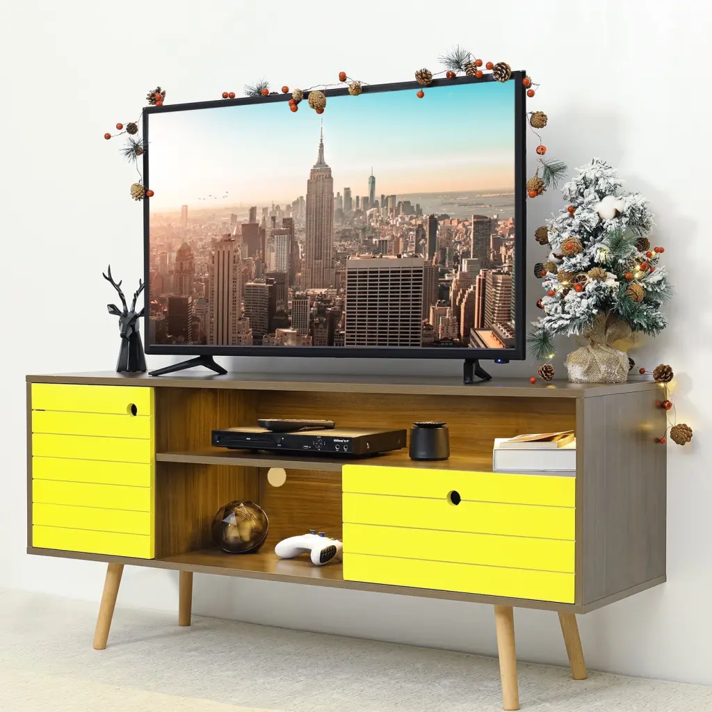 Modern TV Cabinet 2 Drawers and LED TV Stand Open Shelves Console Table 60 Inch TVs HOMMPA