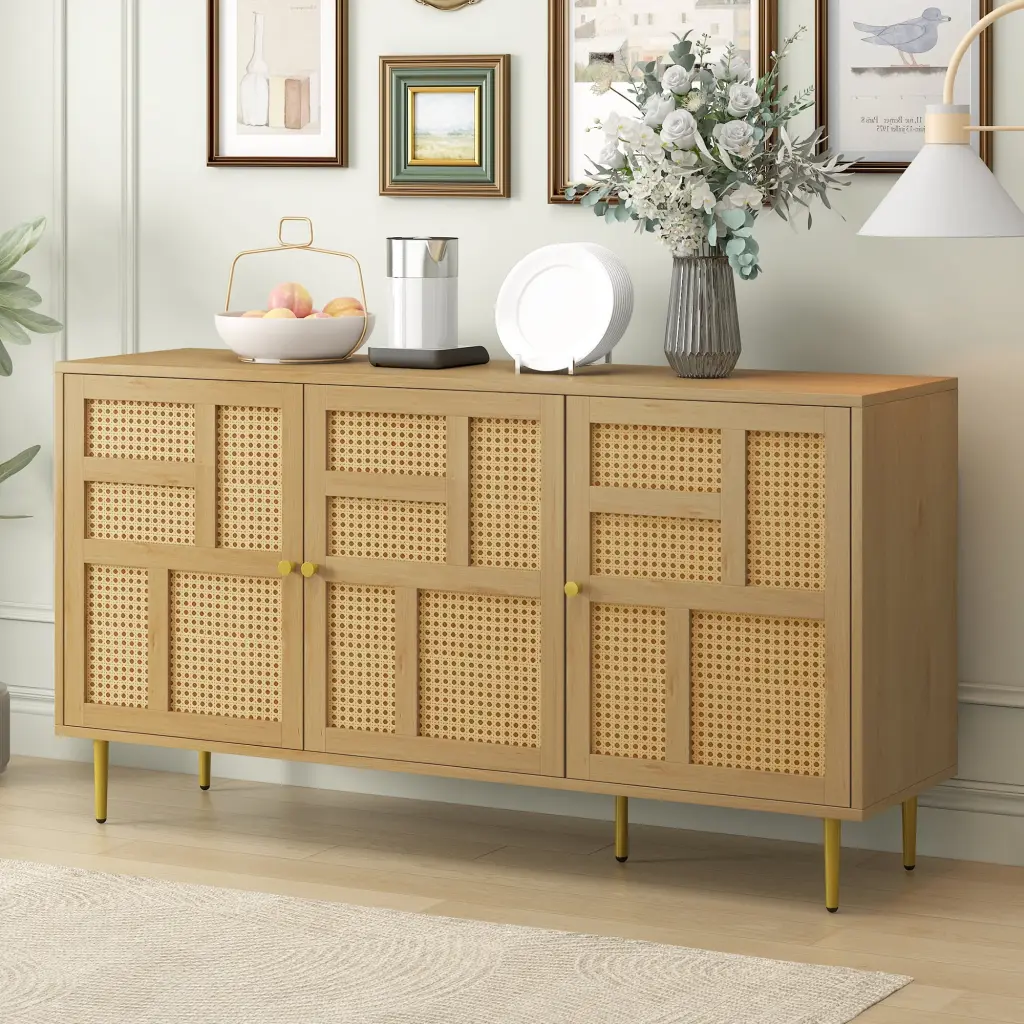 Modern TV Stand Rattan Door Televisions up to 55 Inches Adjustable Shelves Storage Cabinets OMCCHK