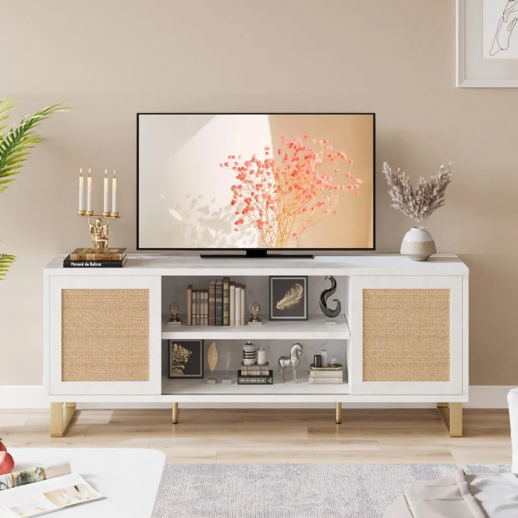 WhizMax Modern TV Stand 65 Inch TVs Entertainment Cabinet Natural Rattan Storage Doors and Brass Accents Matte White and Gold
