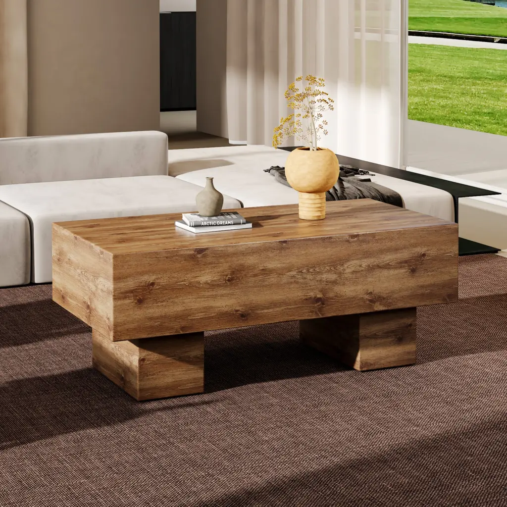 Modern Rectangular Coffee Table Chic Wood Finish Contemporary Living Room droom w-1151
