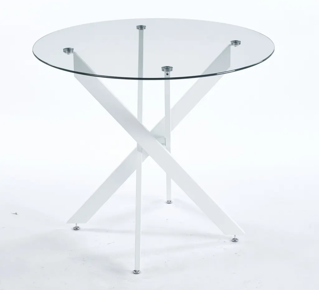 Modern Dining Table Cross Metal Leg and Tempered Glass Space Saving rnb