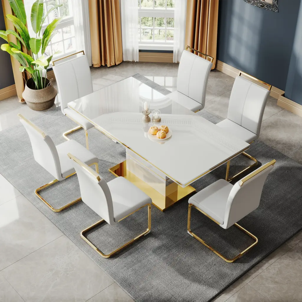 High Gloss MDF Top Dining Table Gold Finish Stainless Steel Base w1311 artisan furniture