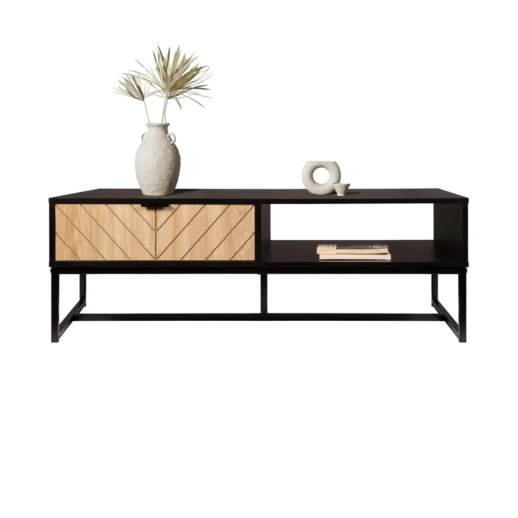 Bali Coastal Modern TV Stand Storage Cubby and Natural Wood Drawer Black AC Pacific