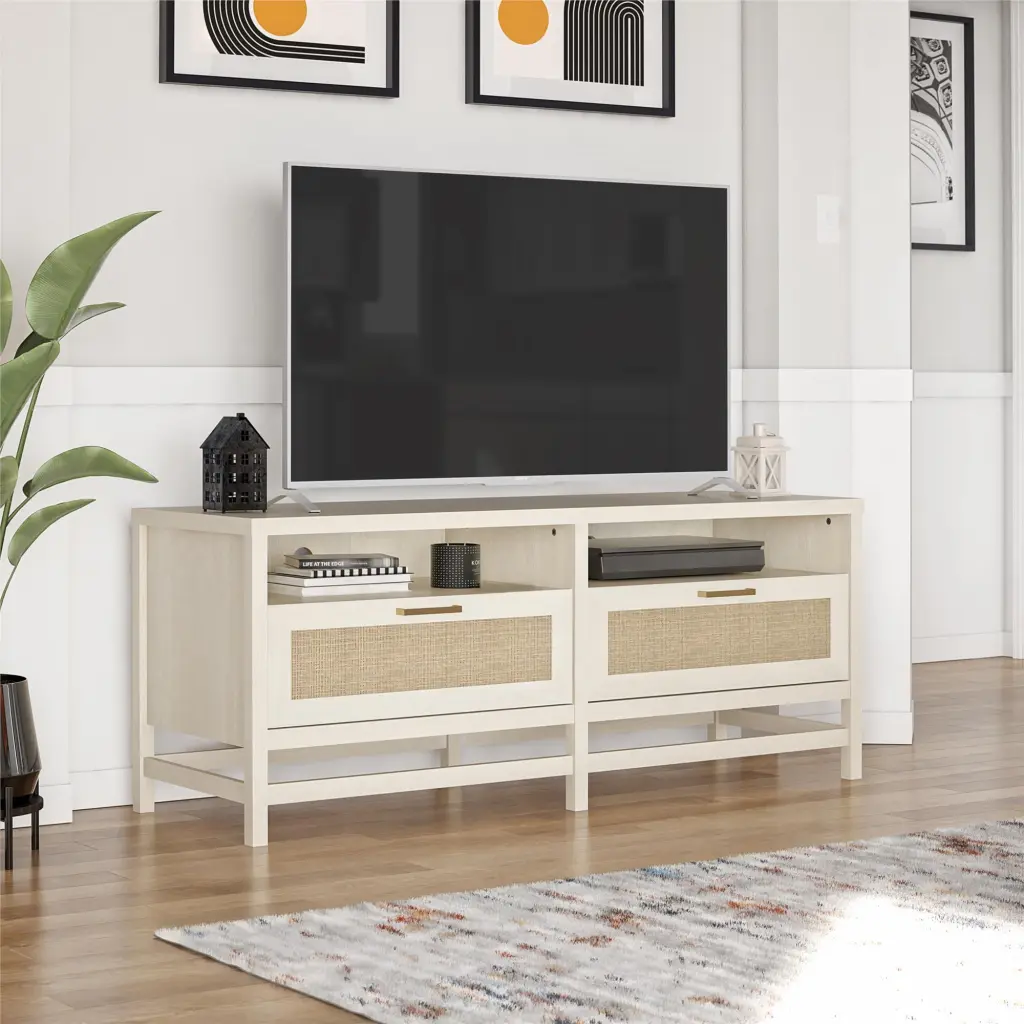 Lunsford TV Stand 60 Inch TVs Ivory Oak and Faux Rattan Entertainment Center Ameriwood Home