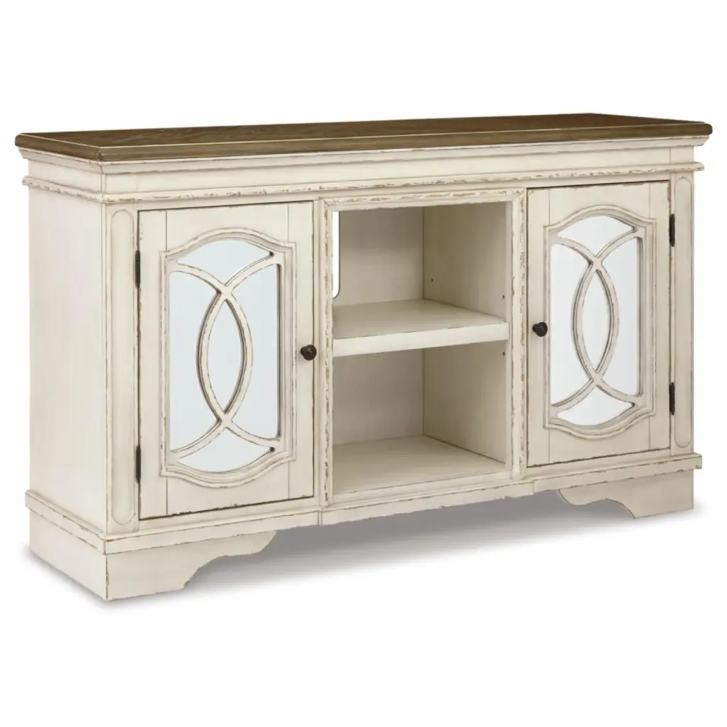 Signature Design Ashley Realyn 62 TV Stand Chipped White Finish Ample Storage Ashley Furniture