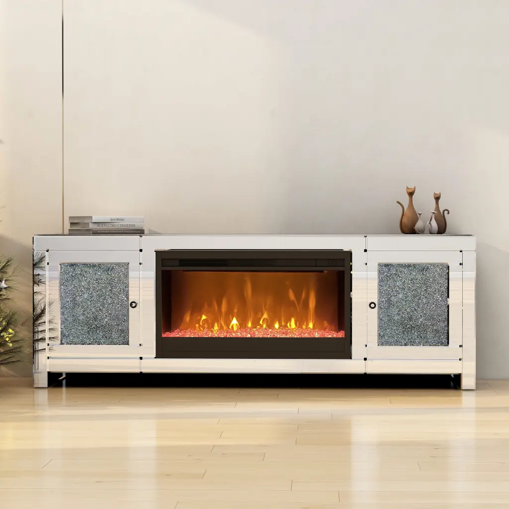 AUWHALEUS Mirrored TV Stand Electric Fireplace-7 Color Flame Crystal Ember Bed TVs up to 65+ Silver