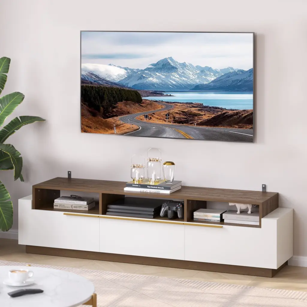 BELLEZE 70 Inch Modern TV Stand Entertainment Center Open Shelves and Drawers White Broadway Media Console