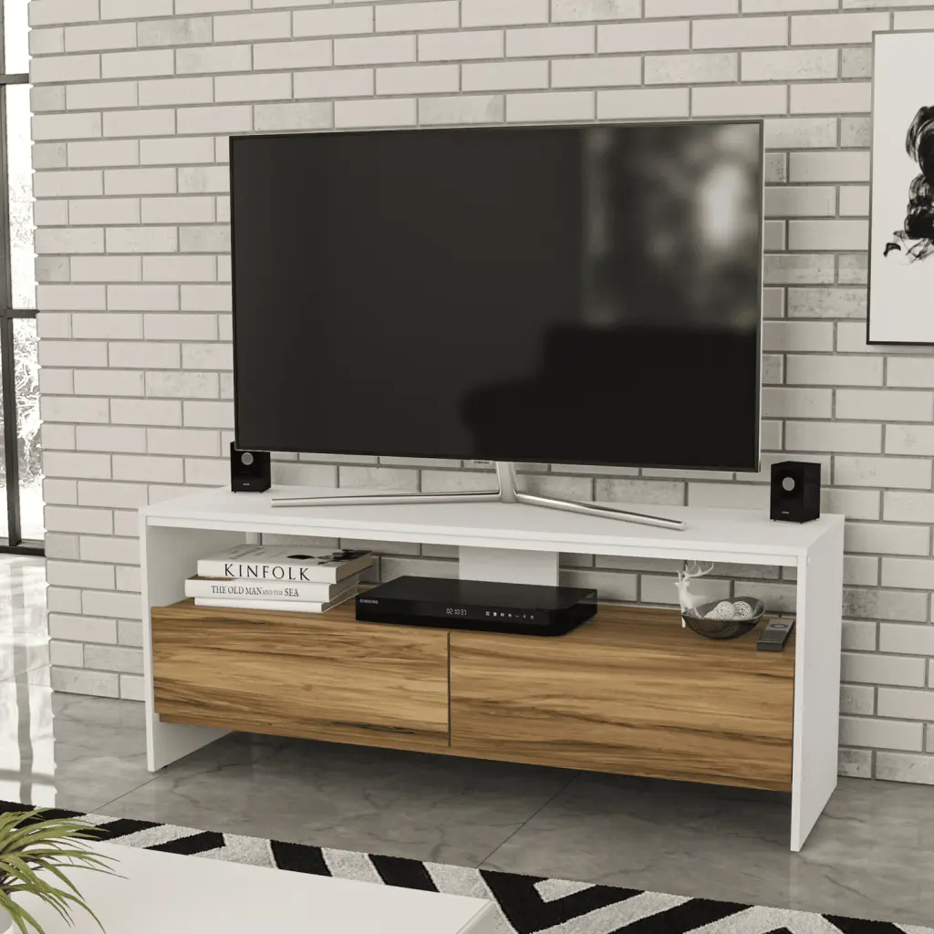 Boahaus Phoenix Modern TV Stand TVs up to 55 Inches White Brown Matte Finish Entertainment Center