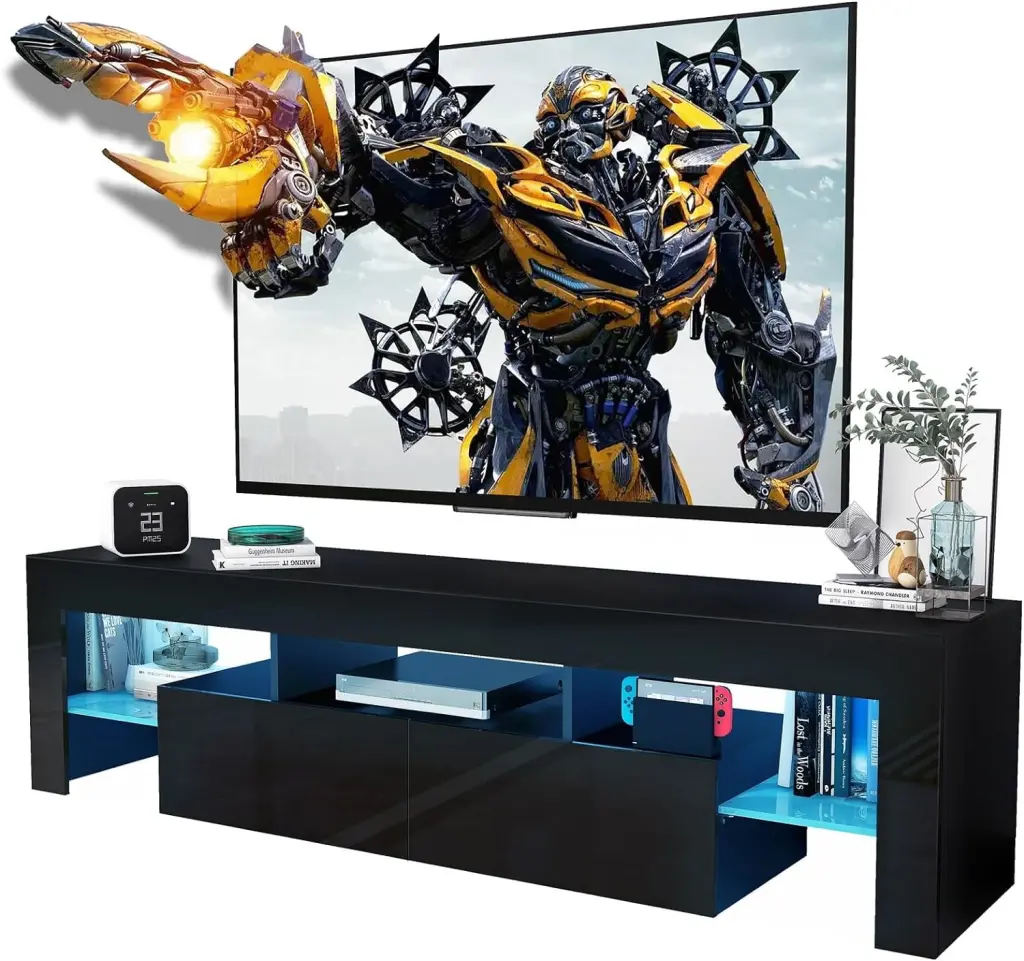 Black High Glossy TV Stand 60-75 Inch TVs Modern Entertainment Center Drawers Glass Shelf LED Media Gaming Cabinet CFTEL