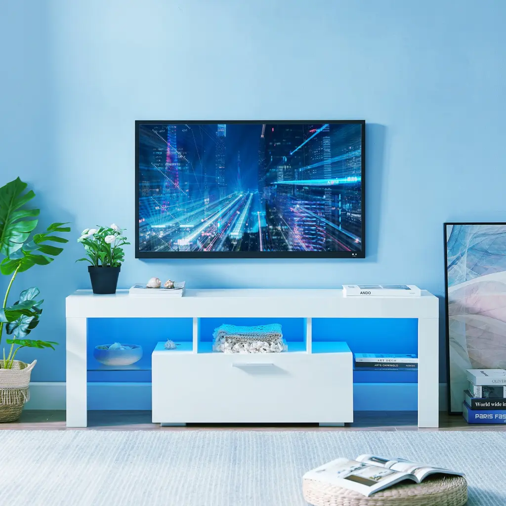 Modern LED TV Stand 55 Inch TV Storage Drawer and Glass Shelf COPFASTOK