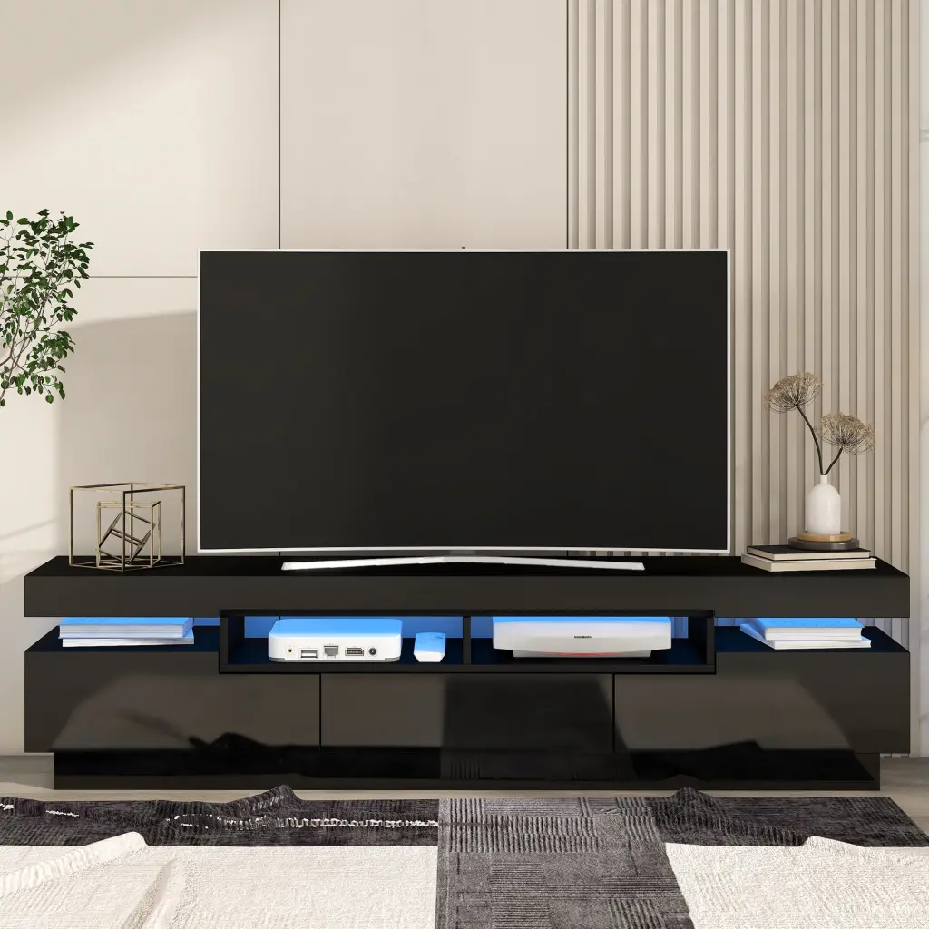 CoSoTower TV Stand 4 Open Shelves Modern High Gloss Entertainment Center 75 Inch TV RGB LED Lights Black