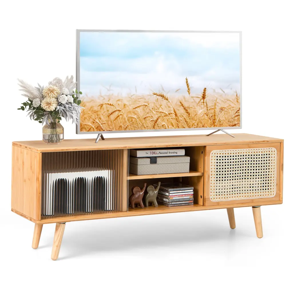 Costway Modern TV Stand Entertainment Center Rattan Glass Sliding Doors