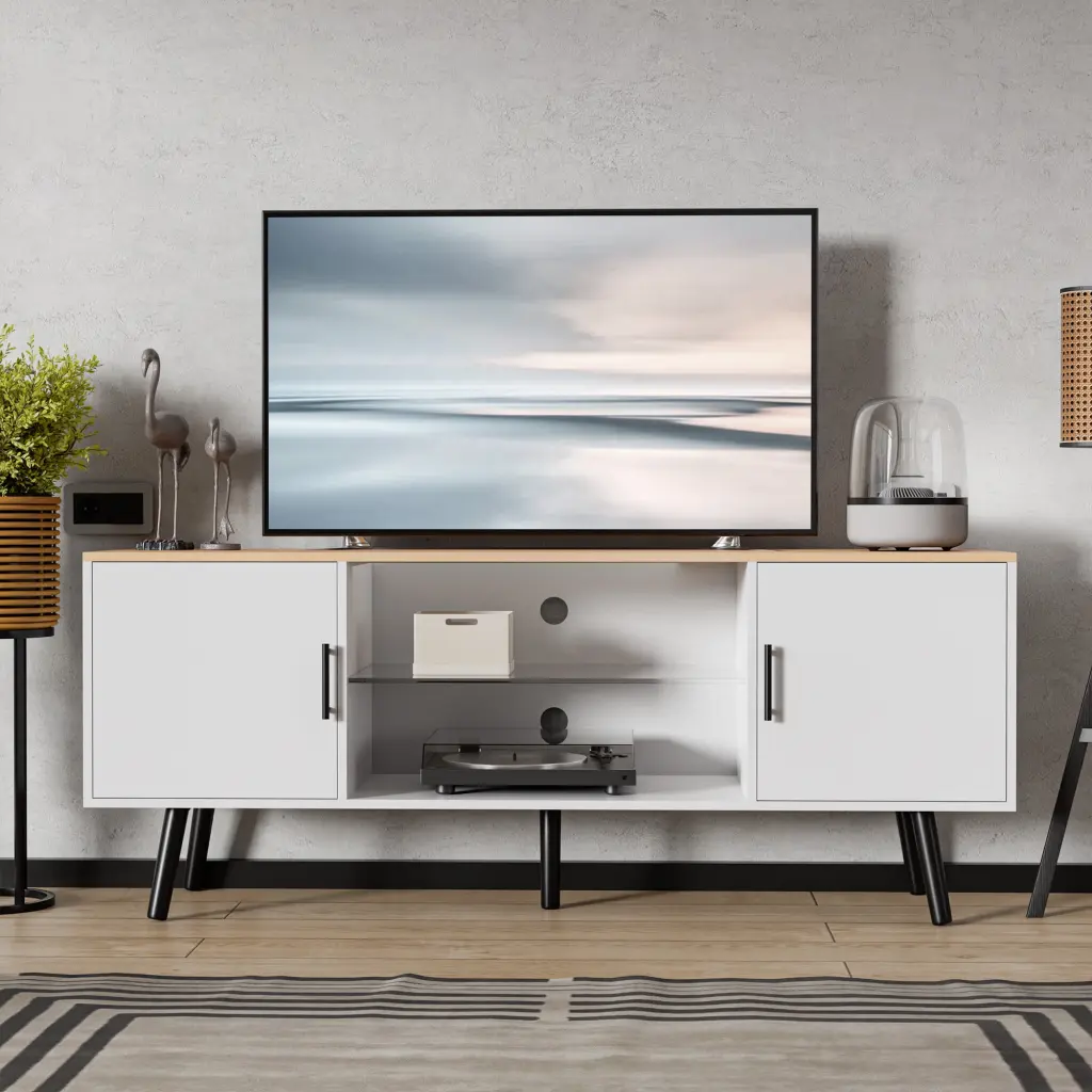 Cozy Castle Mid-Century Modern TV Stand 65 Inch TV Glass Shelf and Storage Cabinet White and Oak