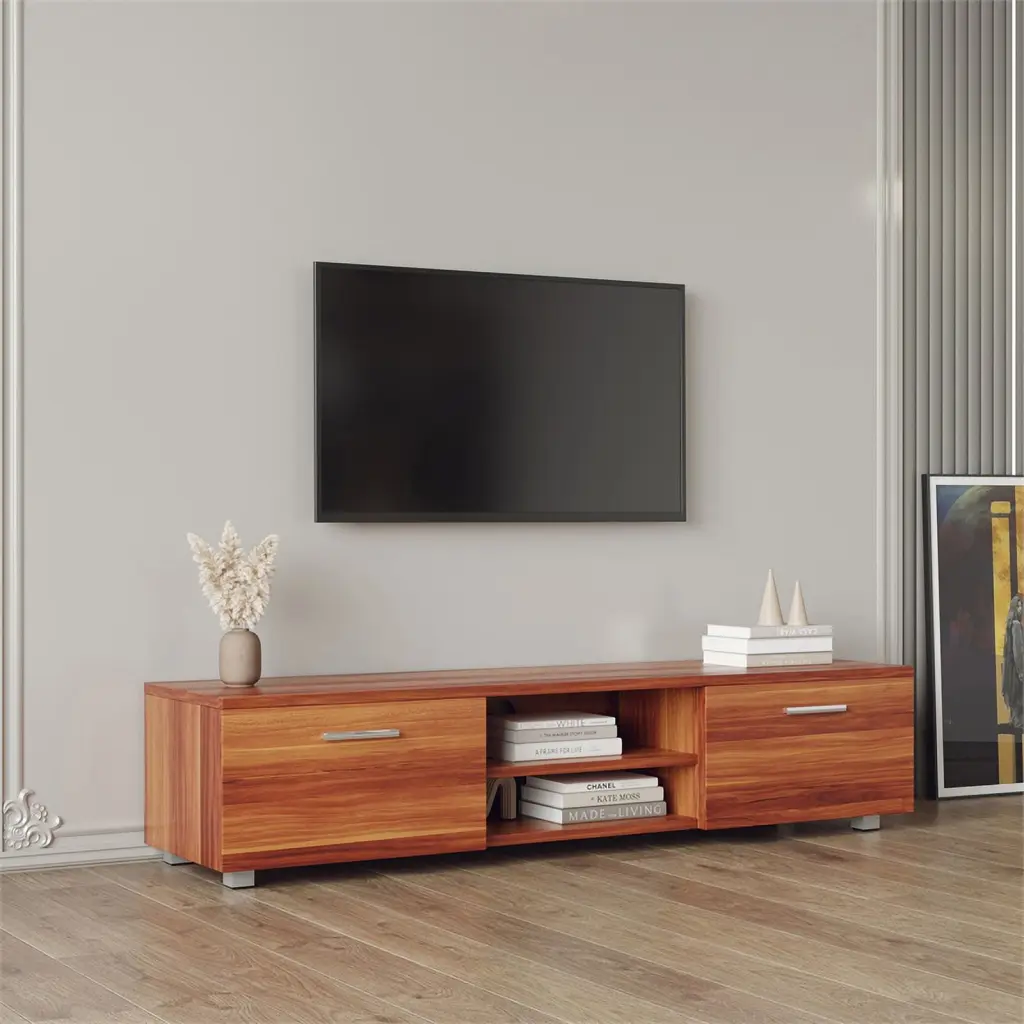 CRO Decor Walnut TV Stand 70 Inch TVs 2 Storage Cabinet Open Shelves