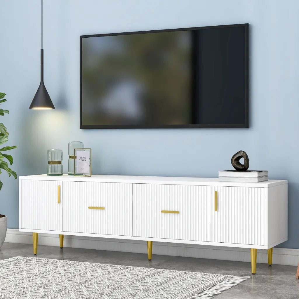 DEALTOPS Modern TV Stand Spacious Storage 2 Drawers 2 Cabinets TVs up to 70 Inch White