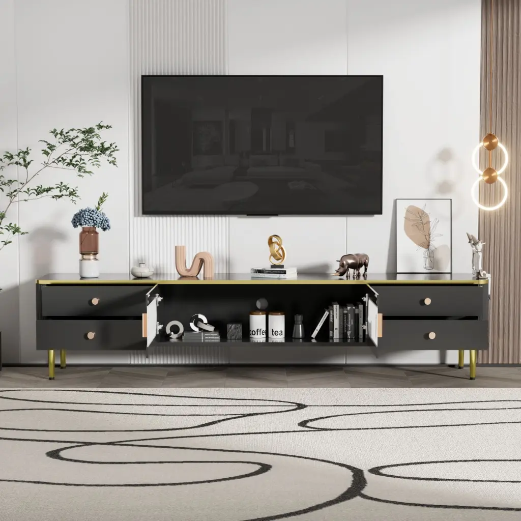 DEALTOPS TV Stand Spacious Storage Modern TV Cabinet Metal Legs TVs up to 75 Inches Black