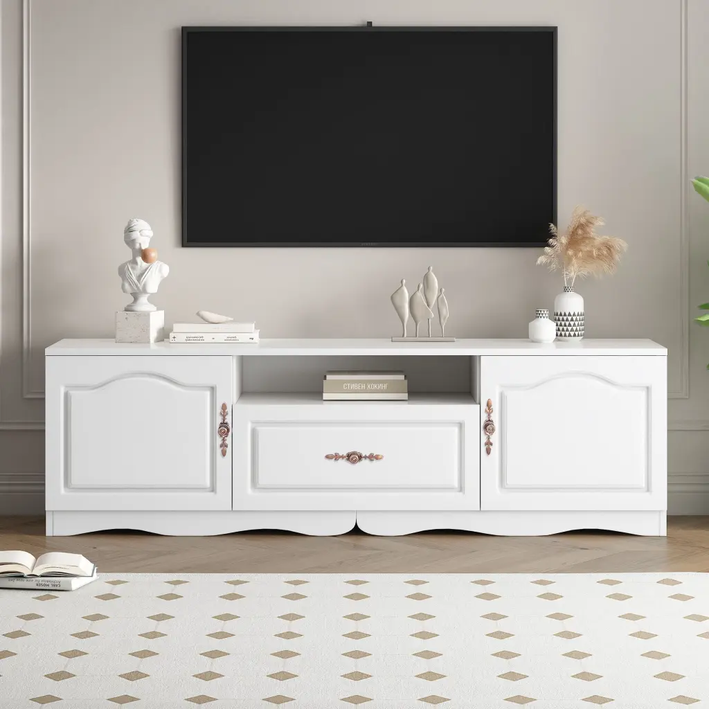 Modern Spacious TV Stand Sleek Patterns Handles TVs up to 65 Inch White Entertainment Center DEALTOPS
