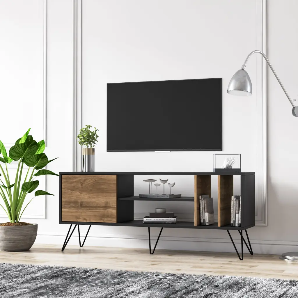 Mistico Modern Metal Wood TV Stand TVs up to 63 Black Walnut Veneer Decorotika