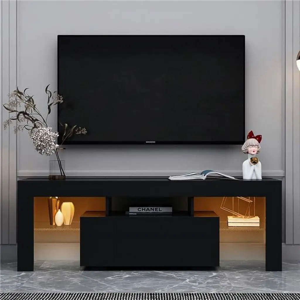 Direct Wicker Black Flat Screen TV Cabinet LED RGB Lights - Modern Media Console