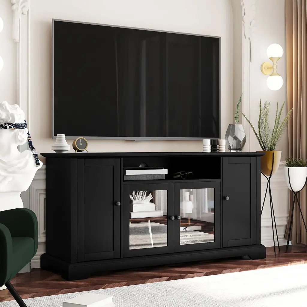 65 Inch TV Stand Adjustable Panels and 2 Tempered Glass Doors Open Style Cabinet Black DIYNP