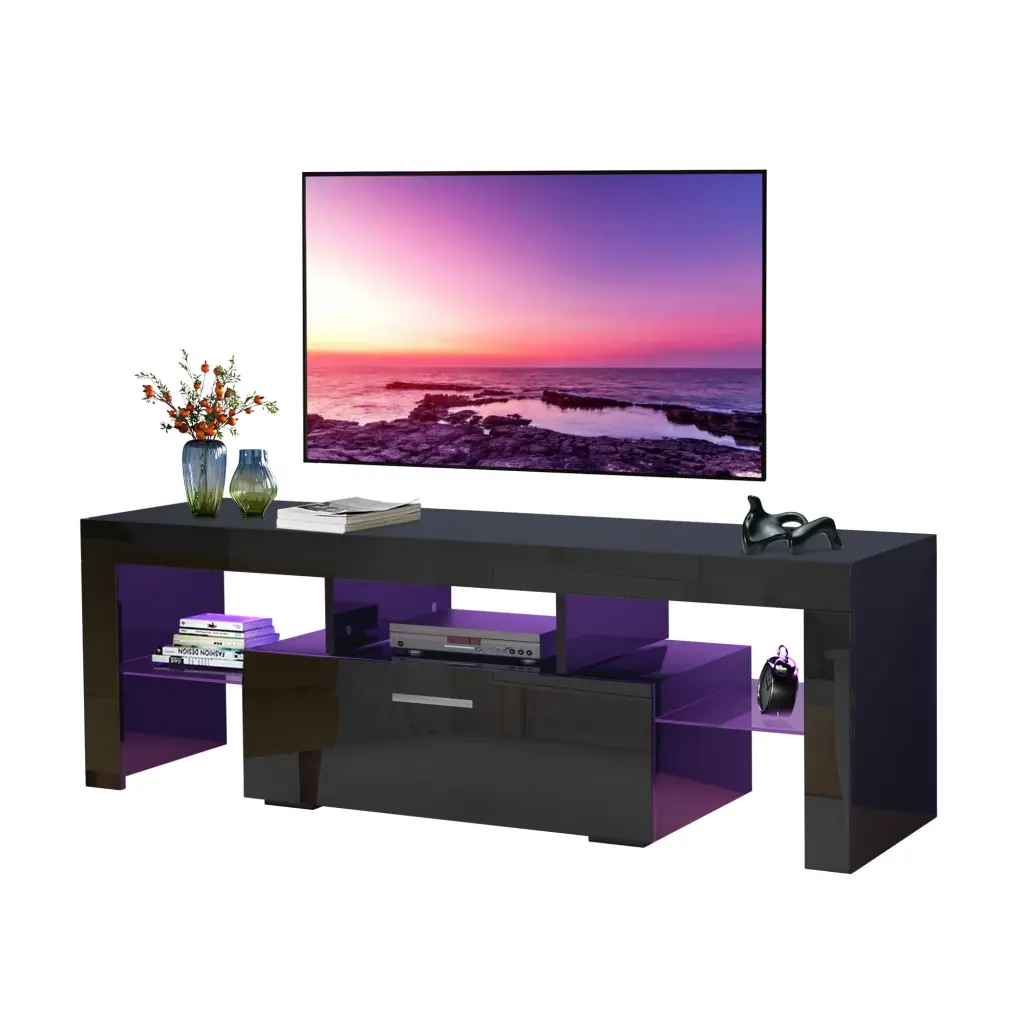 DLPIN TV Stand LED Light Modern Storage Console Table Living Room Bedroom Entertainment Room Black