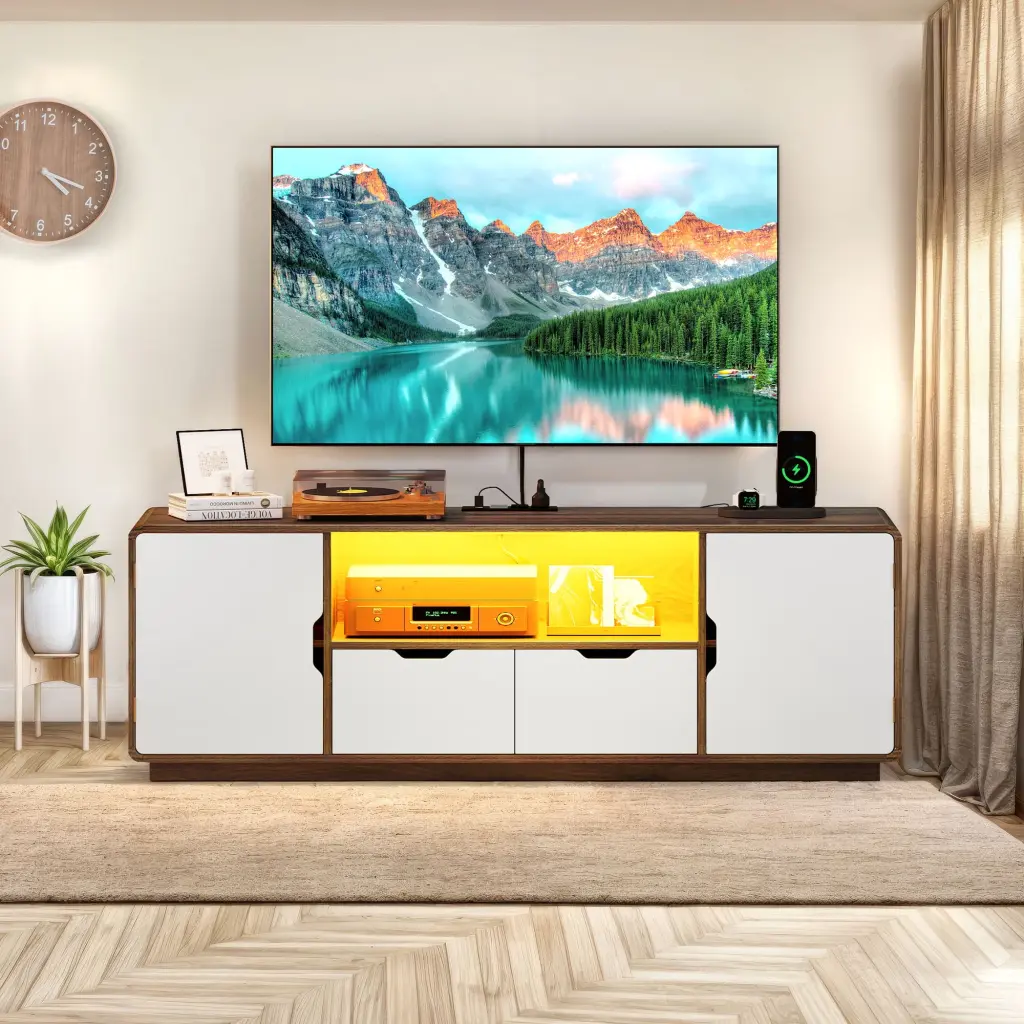 DWVO LED TV Stand Power Outlet Modern Entertainment Center 55/60/65 inch TV White Brown