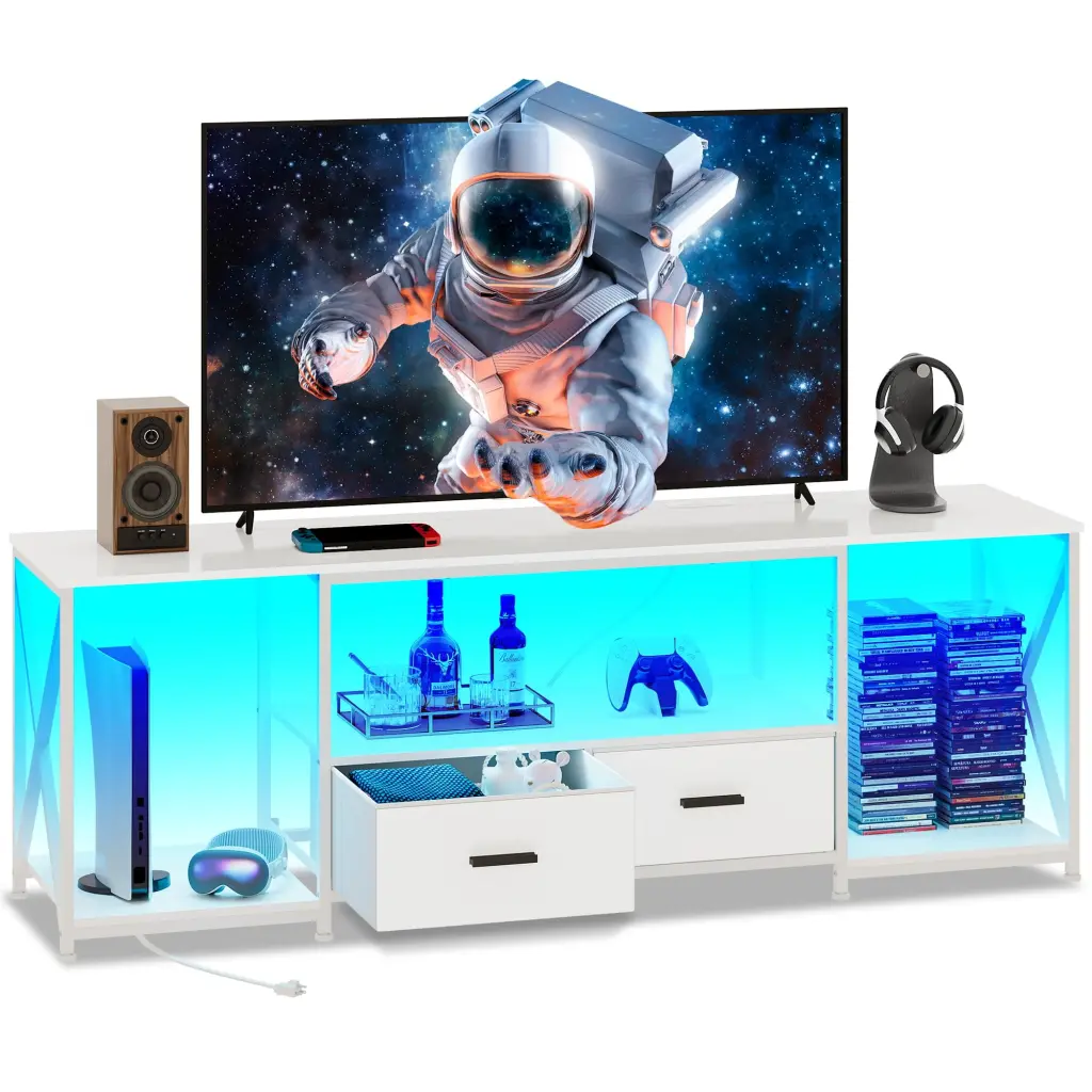 Modern TV Stand Power Outlets and LED Lights 55 Inch TVs EKNKOZY