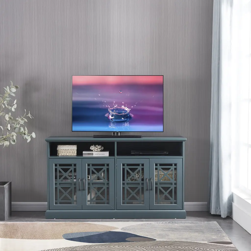 53 Inch Teal Blue TV Stand Sideboard Buffet TVs up to 60 Inches Slatted Design EYBOE
