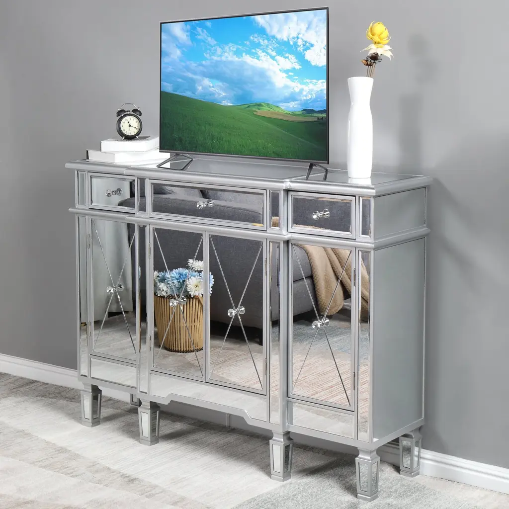 GoDecor Classic 48-inch TV Stand Mirrored Glass Console Table and Drawers FCH