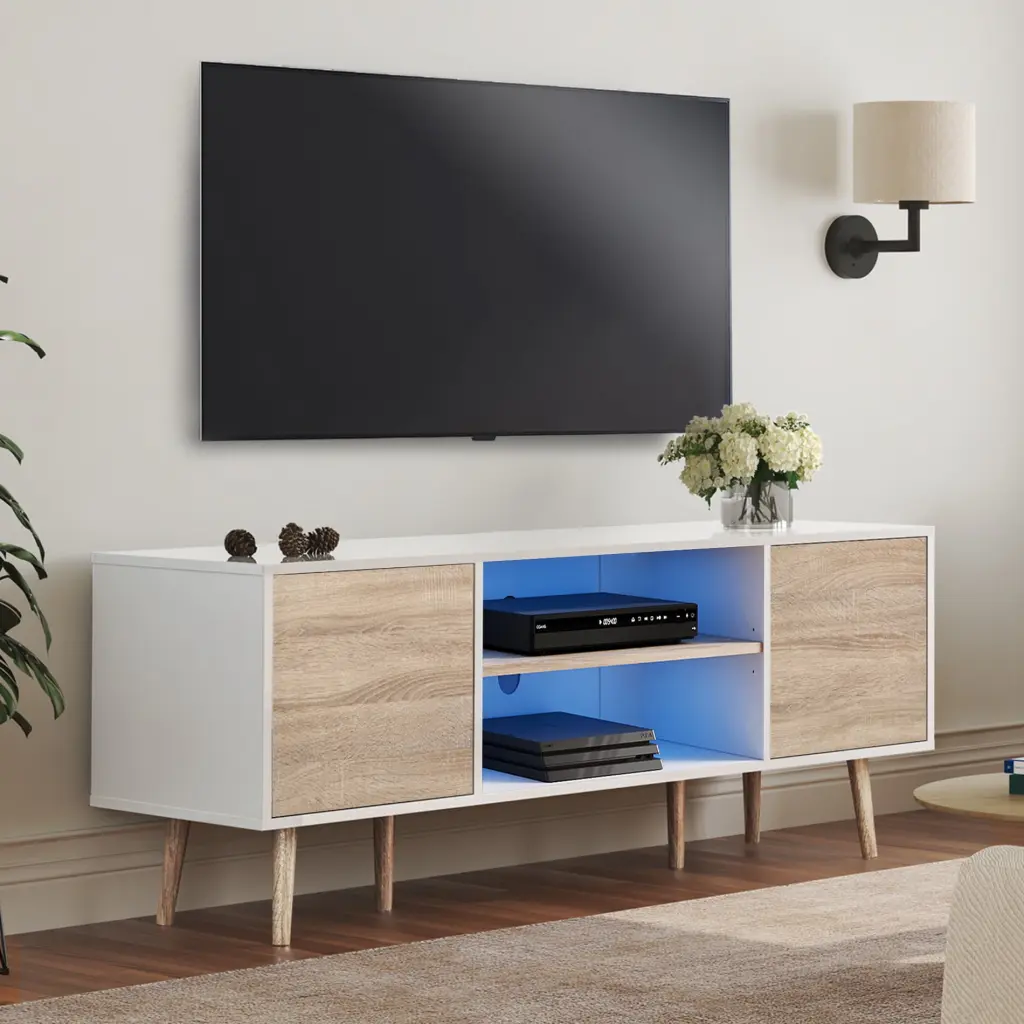 LED Mid Century Modern TV Stand 60 Inch Flat Screen Wood Media Console White Beige FITUEYES