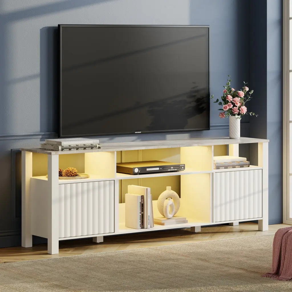 LED TV Stand 80 inch Modern TV Console Media Cabinet 75/70/65 TV Wood Entertainment Center 6 Storage Living Room 70 White ...