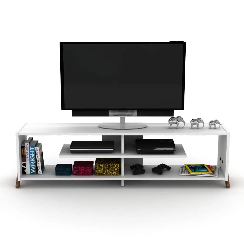 Mid Century Modern TV Stand 4 Open Storage Shelves Wooden furnia