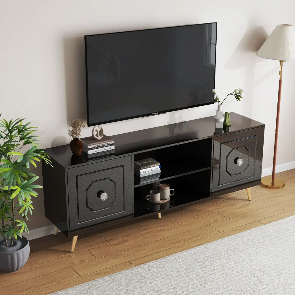 Modern High Gloss Black TV Stand TVs Up to 75 Inches Entertainment Center glam furniture