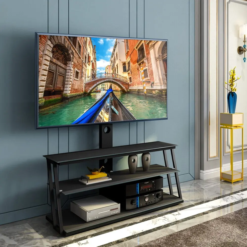 GZXS Black Multi-Function Angle and Height Adjustable Tempered Glass TV Stand