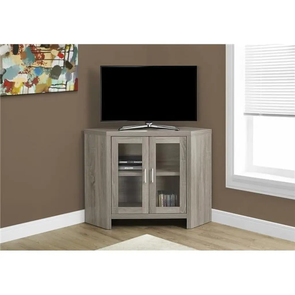 HomeRoots 30 Inch Dark Taupe Particle Board Hollow Core MDF TV Stand Glass Doors