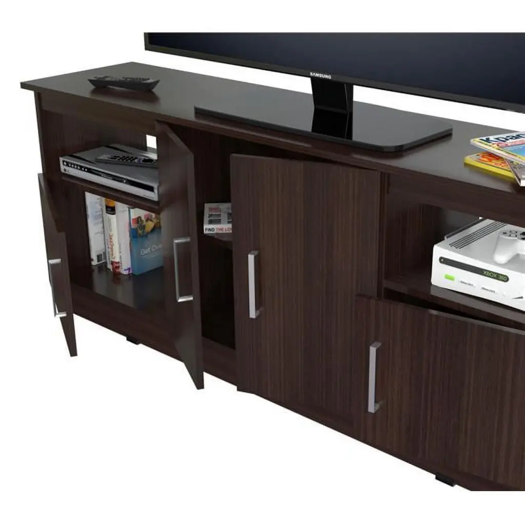 63 Inch Dark Brown Wood and Metal Cabinet Mirrored TV Stand HomeRoots