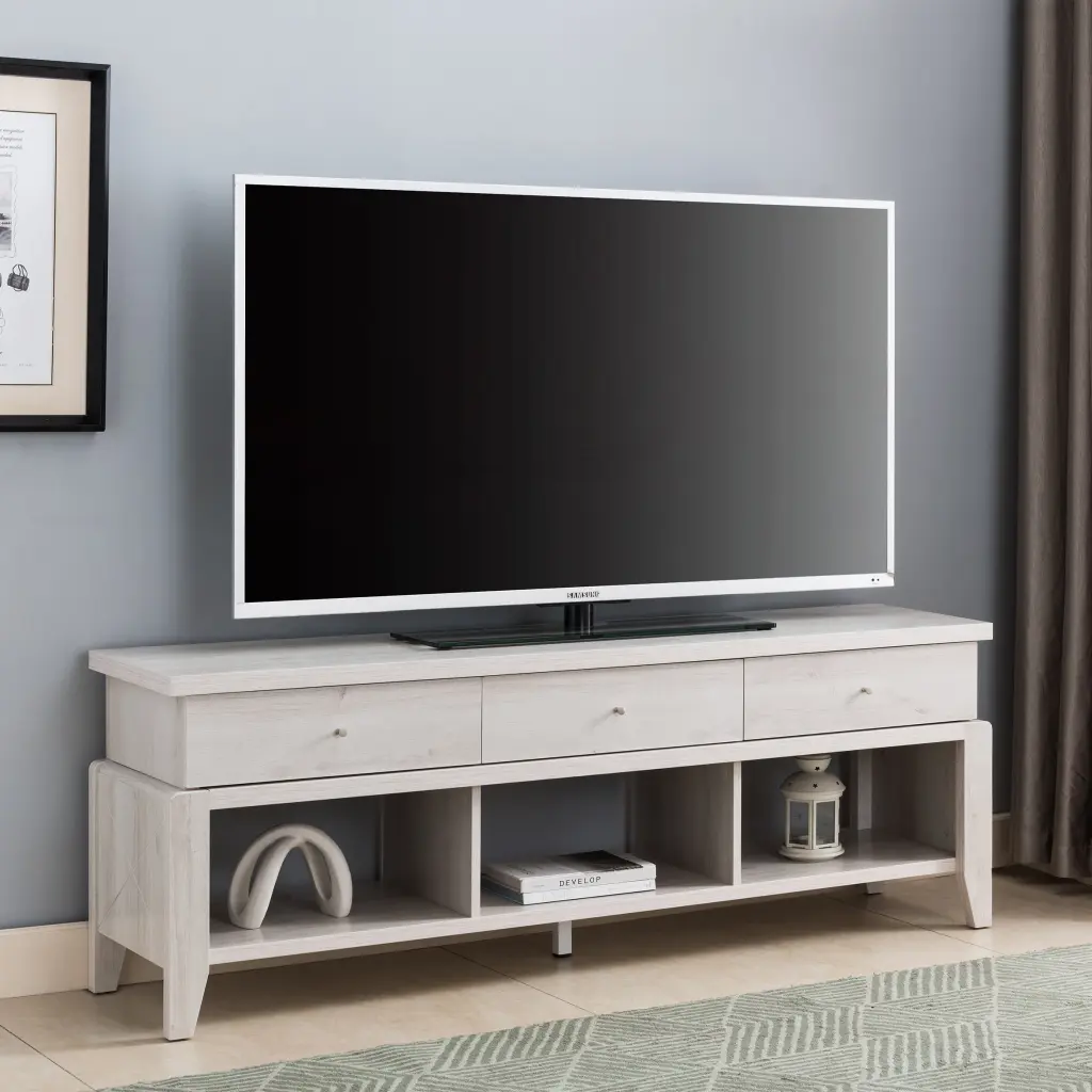 Elegant White Oak TV Stand Three Drawers and Three Shelves Organized Storage id usa